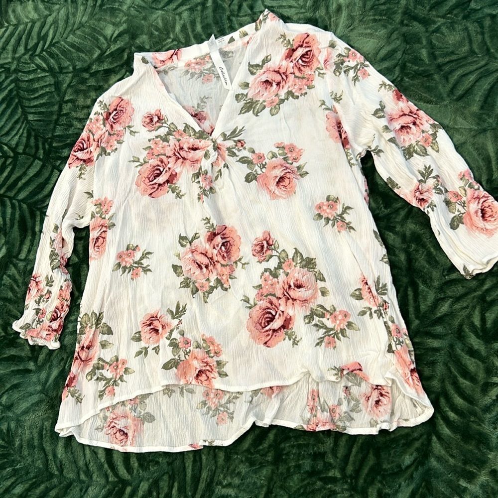 NY Collection Pink Floral Rose V-Neck Long Sleeves Flowy Blouse Top Large